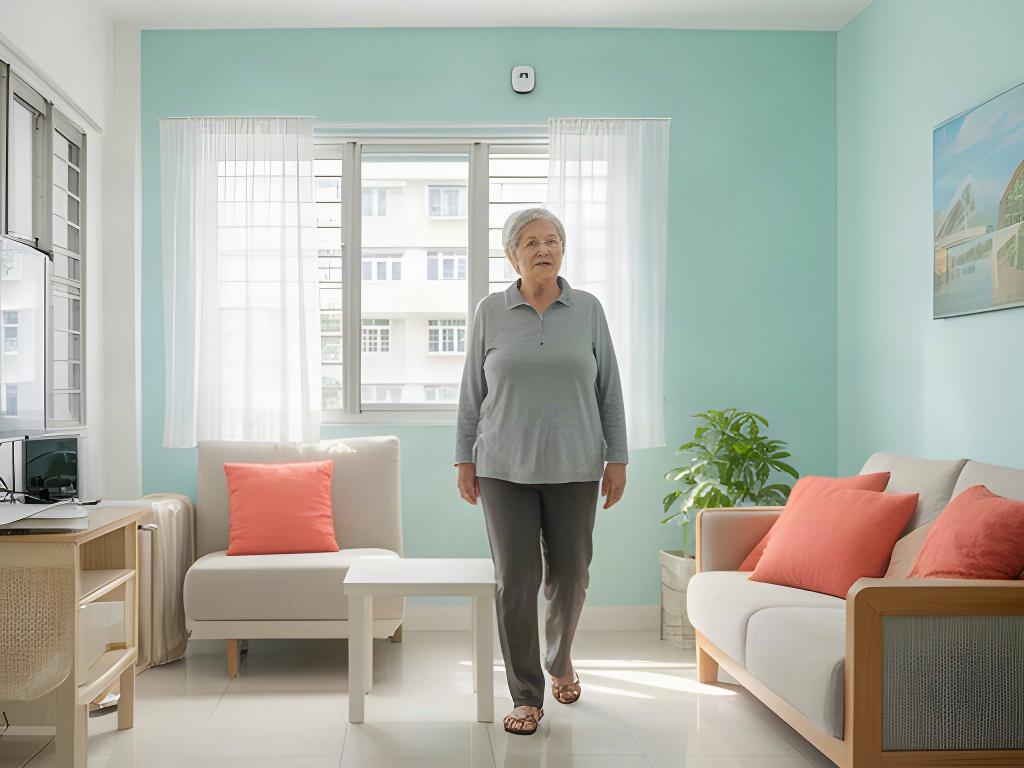 An older adult walking through a bright Singapore HDB living room, with a small unobtrusive sensor mounted near the ceiling