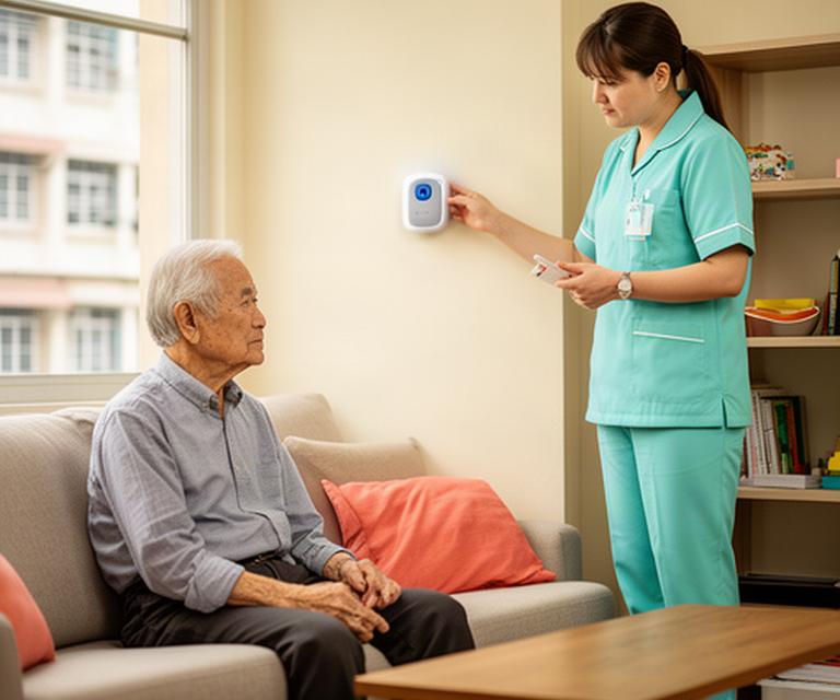 Older adult recovering at home in a Singapore HDB living room, with a caregiver checking a discreet room safety sensor