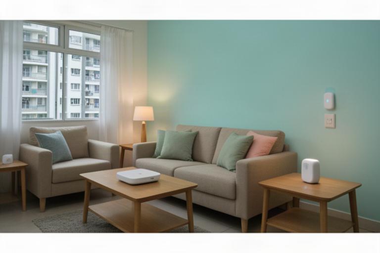 A Singapore HDB living room with compact wireless sensors, a tabletop smart hub and discreet smart lighting