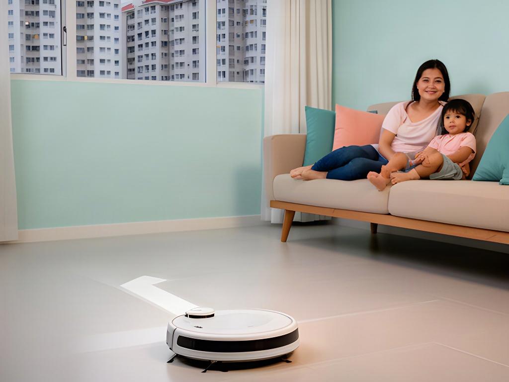 Compact robot vacuum cleaning a bright Singapore HDB living room while a parent and child unwind nearby