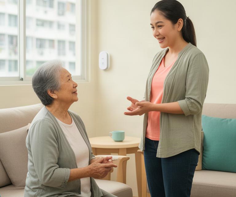Adult daughter speaking with her older parent in a bright Singapore HDB living room with a discreet wireless home sensor nearby