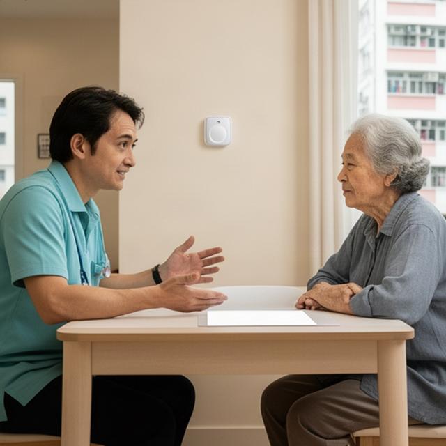 Singapore home technology advisor discussing discreet sensor placement with an older resident at a dining table in an HDB flat