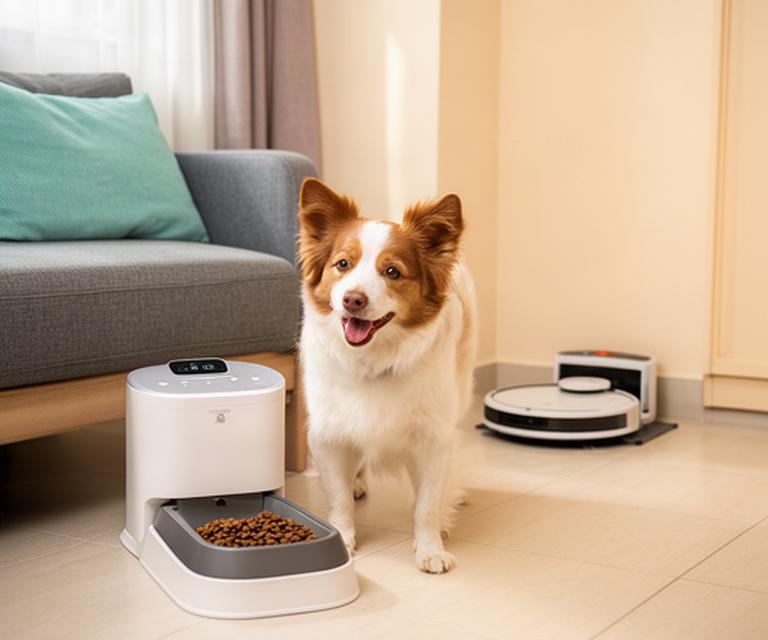 Small dog beside a timed feeder in a Singapore apartment, with a robot vacuum dock kept clear of the feeding area